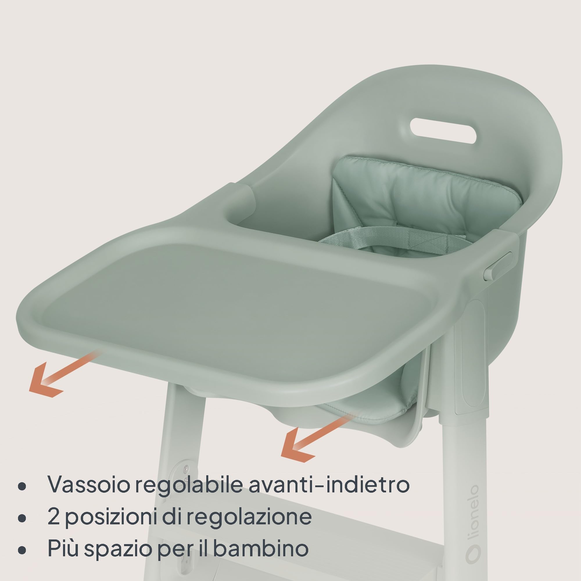 Lionelo BENY Seggiolone Pappa 6 mesi - 3 Anni Vassoio Scorrevole 2 Posizioni, Seggiolone Evolutivo con Poggiapiedi Regolabile con una Mano, Cinture 3 Punti, Facile da Pulire, Cuscino Lavabile