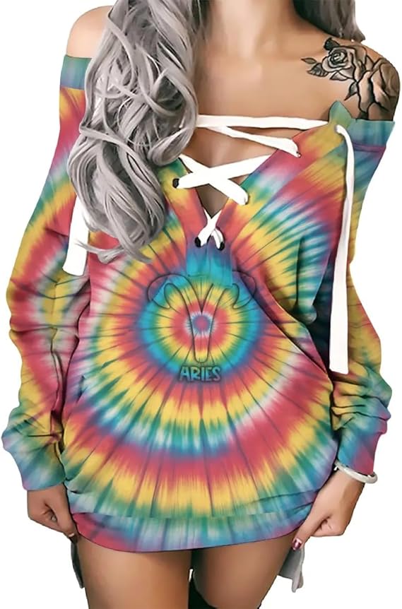 Aries Zodiac Sign Tops For Women Tie Dye Astrology Horoscope Lace Up Neckline Crop Sweatshirt Tank Top Birthday Gifts