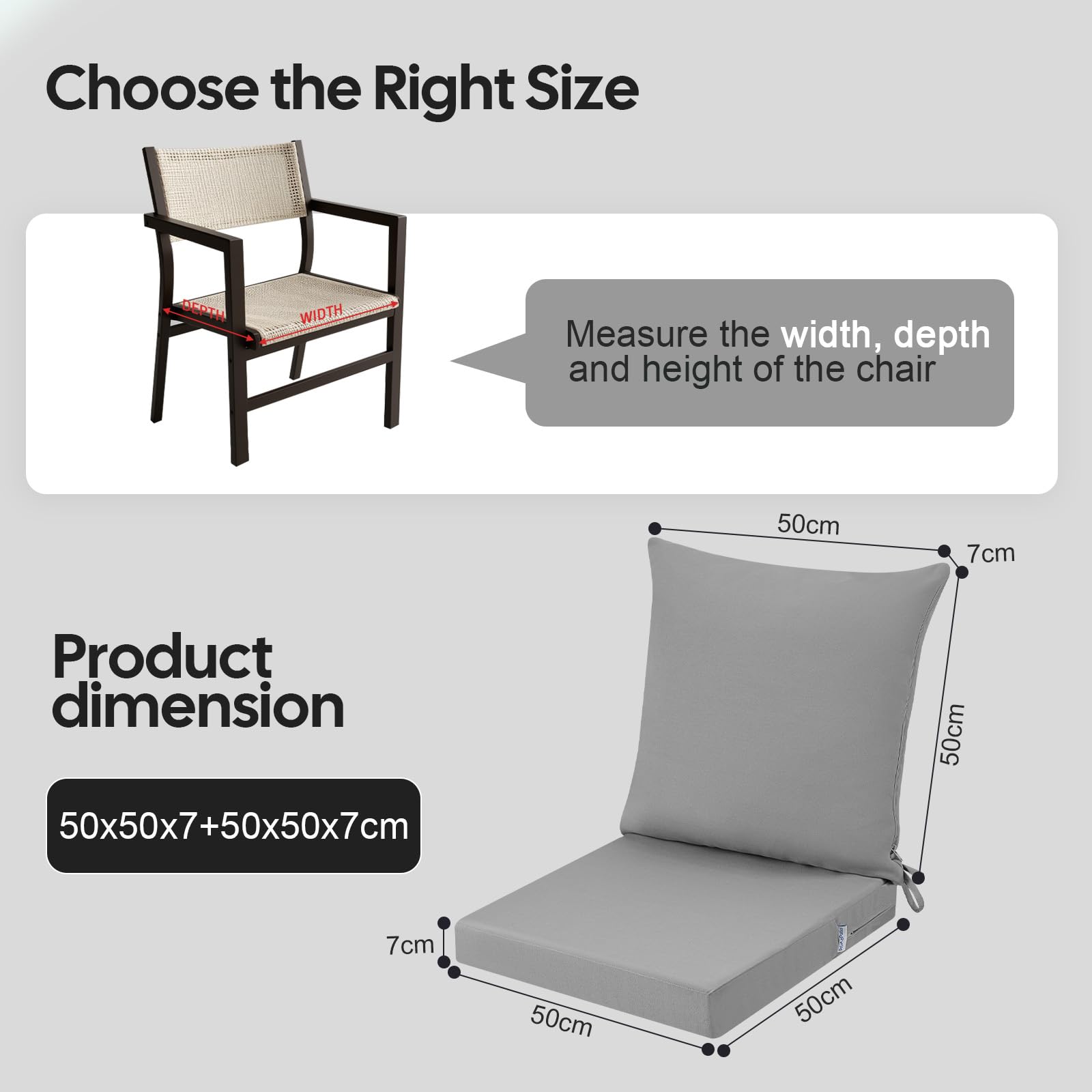 Cojín para silla de jardín al aire libre con respaldo, 7 cm de grosor, impermeable, con funda extraíble, cojín para muebles de patio con lazos para sofá y sillas, 50 x 50 cm, gris
