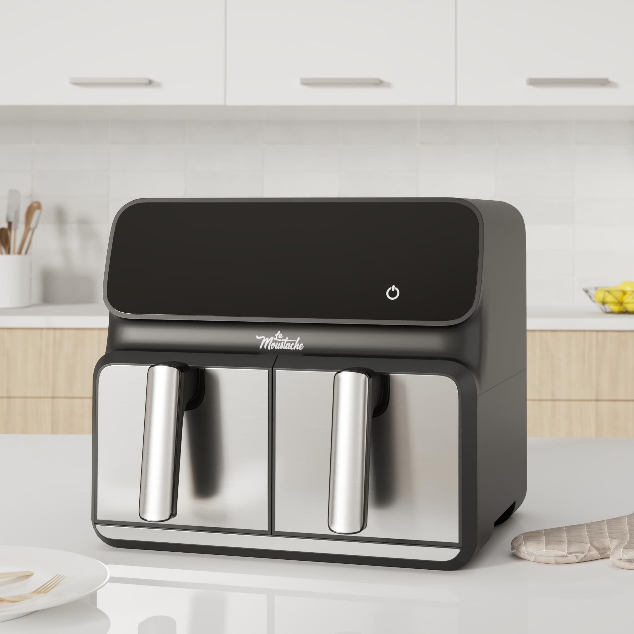 La Moustache - Freidora de Aire sin Aceite 8L con Doble Cesta, 2 Cestas Independientes de 4L, Air Fryer 6 en 1, 1700W, 10 Modos, 60-200 °C, Apta para Lavavajillas (DuoFry Gray)