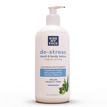 Kiss My Face De-Stress Hand & Body Lotion Fragrance Free - Hypoallergenic, Cruelty-Free, Vegan Lotion for Dry Skin - 16 oz Bottle with Pump Fragrance Free, Pack of 1