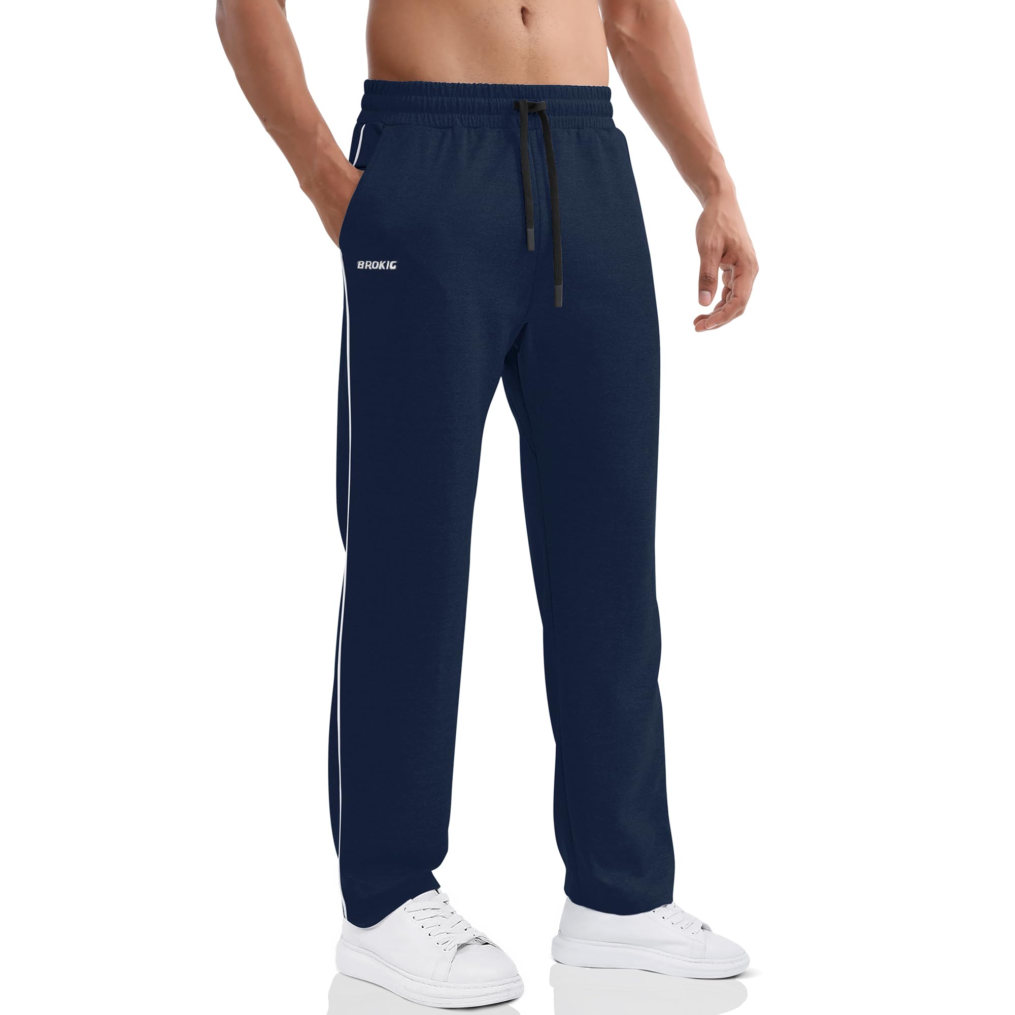BROKIG Mens Gerade Athletic Pants Workout Jogger Pants Elastic Waistband Open Bottom Loose Sweat Pants with Zip Pockets