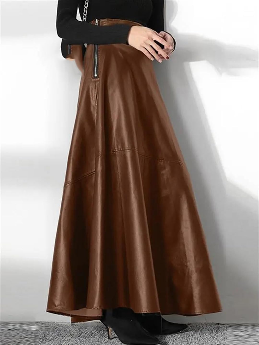 Suwequest Women's Long Solid PU Leather Maxi Skirts Casual High Waist Zipper Femme Skirts