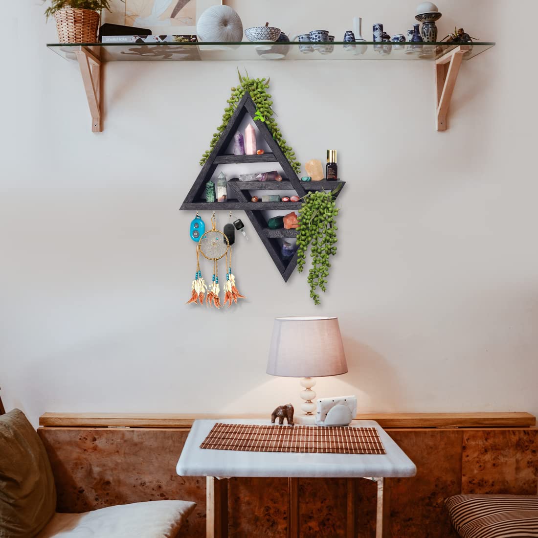 FM Moon Phase Triangle Shelf with Hooks - Rustic for Crystals- Crystal Display - Jewelry Hanger Key Holder - Aesthetic Room Decor - Boho Moon Decor-Farmhouse Wall Decor (Small, Black)