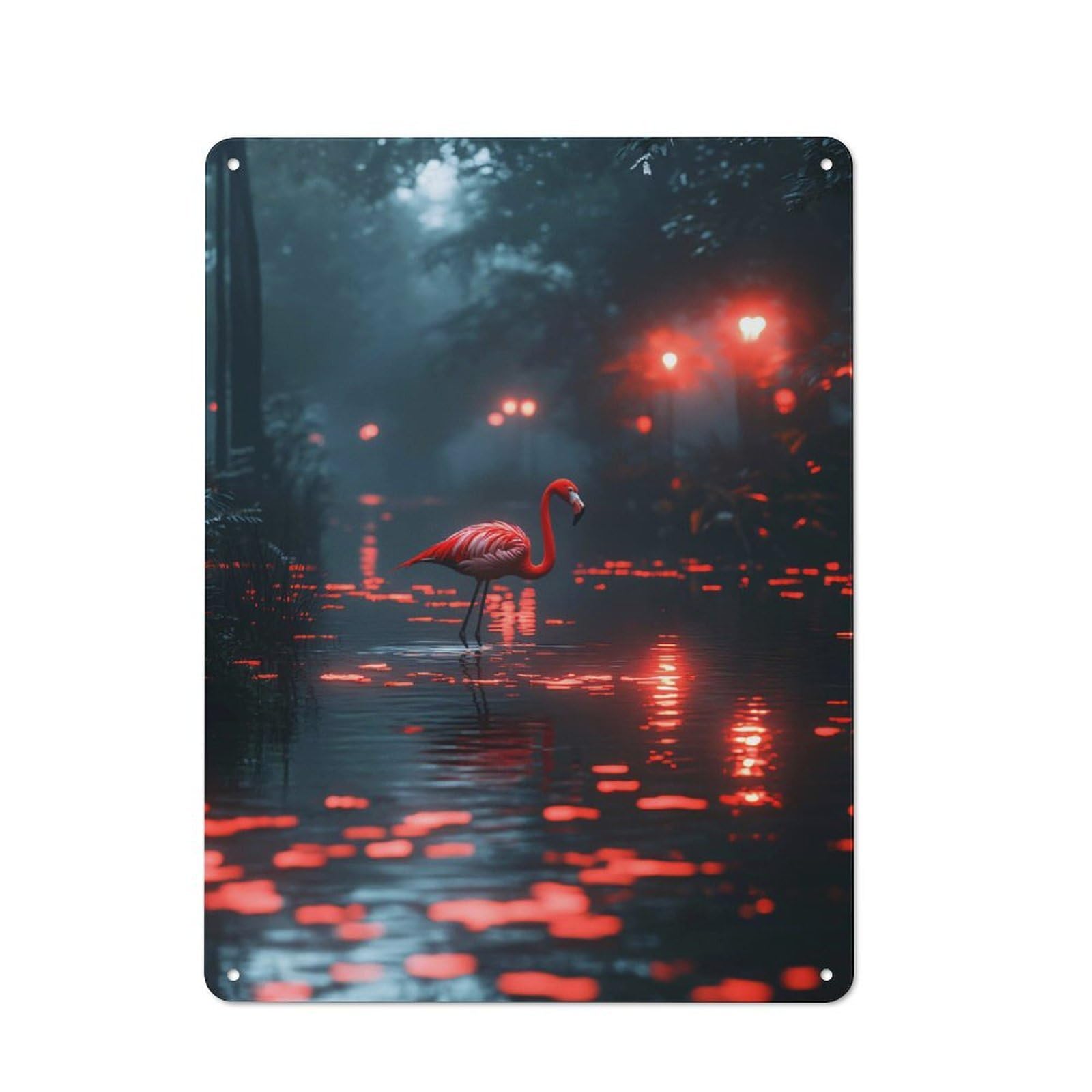 Junmoney Style-24 Tin Sign 40X30cm With Flamingo In A Mystical Red-Lit Forest For Garage Wall, Retro-Style Decor, For Room Styling Across Garages And Workshops