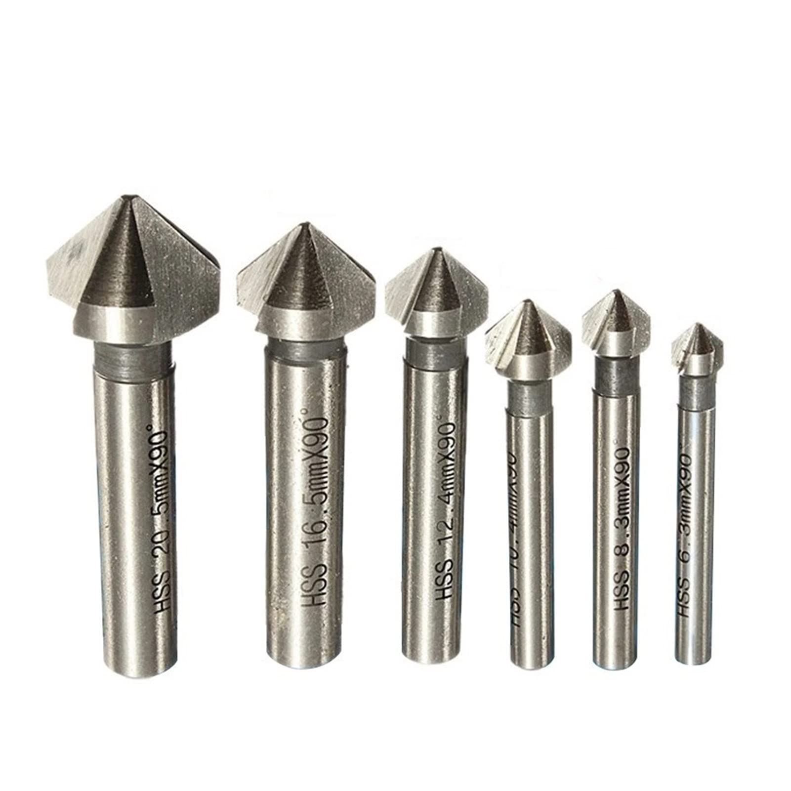 HYUJNAFZR 6pcs 60 Degrees Countersink HSS Drill Bit 3 Flute Chamfering Cutter End Mill Tool Round Shank Countersink Deburring Drill Bit Set 6.3-20.5mm