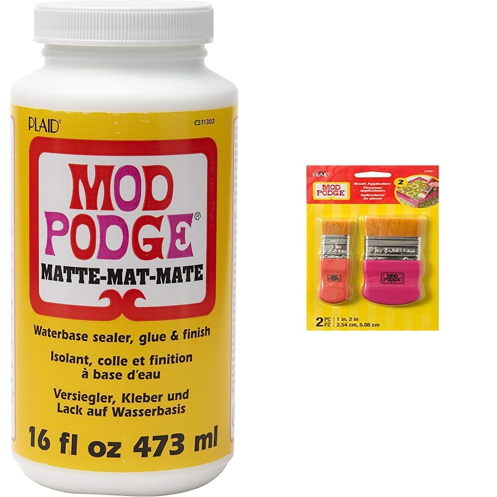 Mod PodgeCS11302 Waterbase Sealer, Glue and Finish, 16 oz, Matte & 2 Piece Brush Set, 2 Count