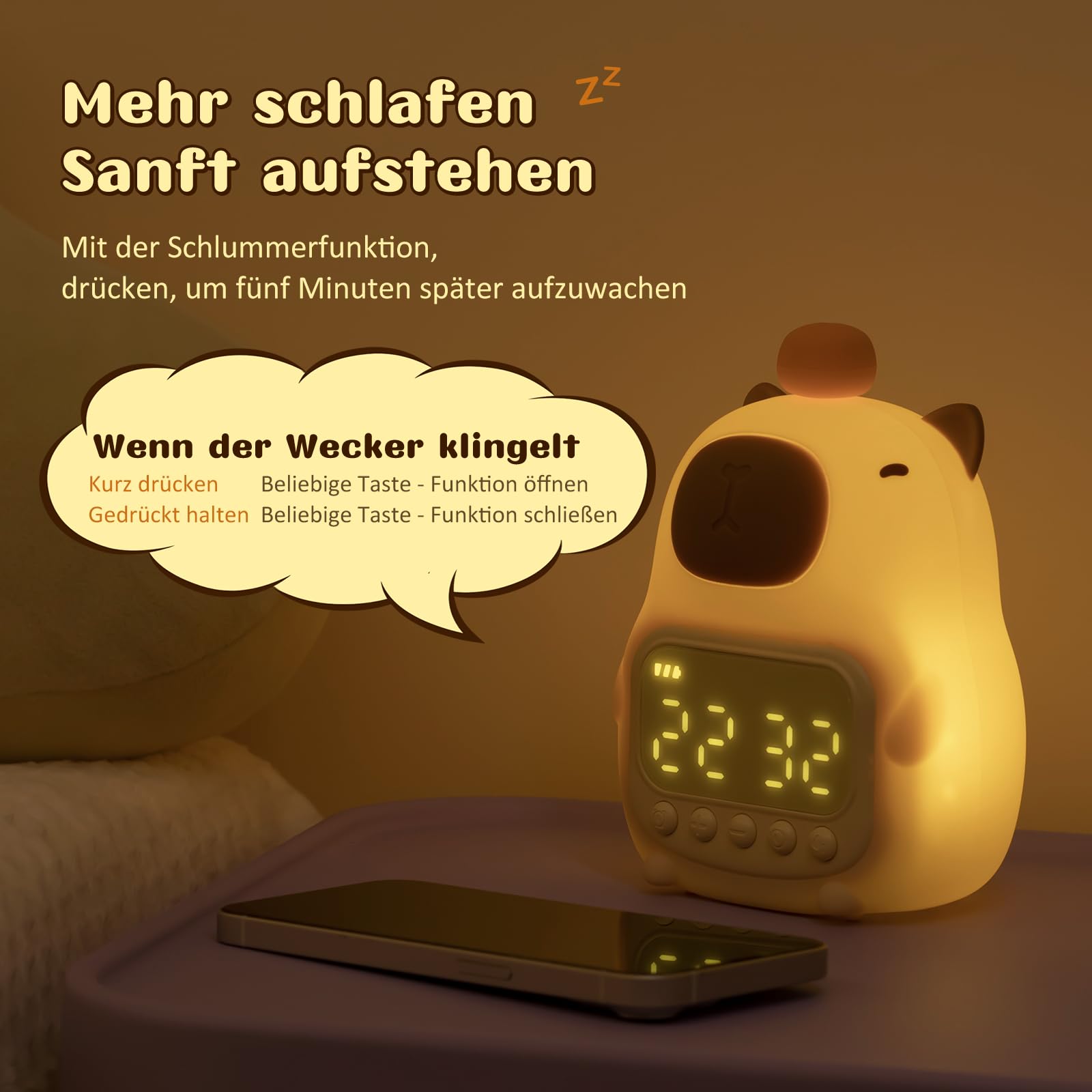 Yiliaw Capybara Wecker mit Nachtlicht für Kinder, 7 RGB-Farben Süße Wecker für Schlafzimmer, Ok to Wake Silikon Tier Tischlampe für Teenager-Mädchen und Jungen