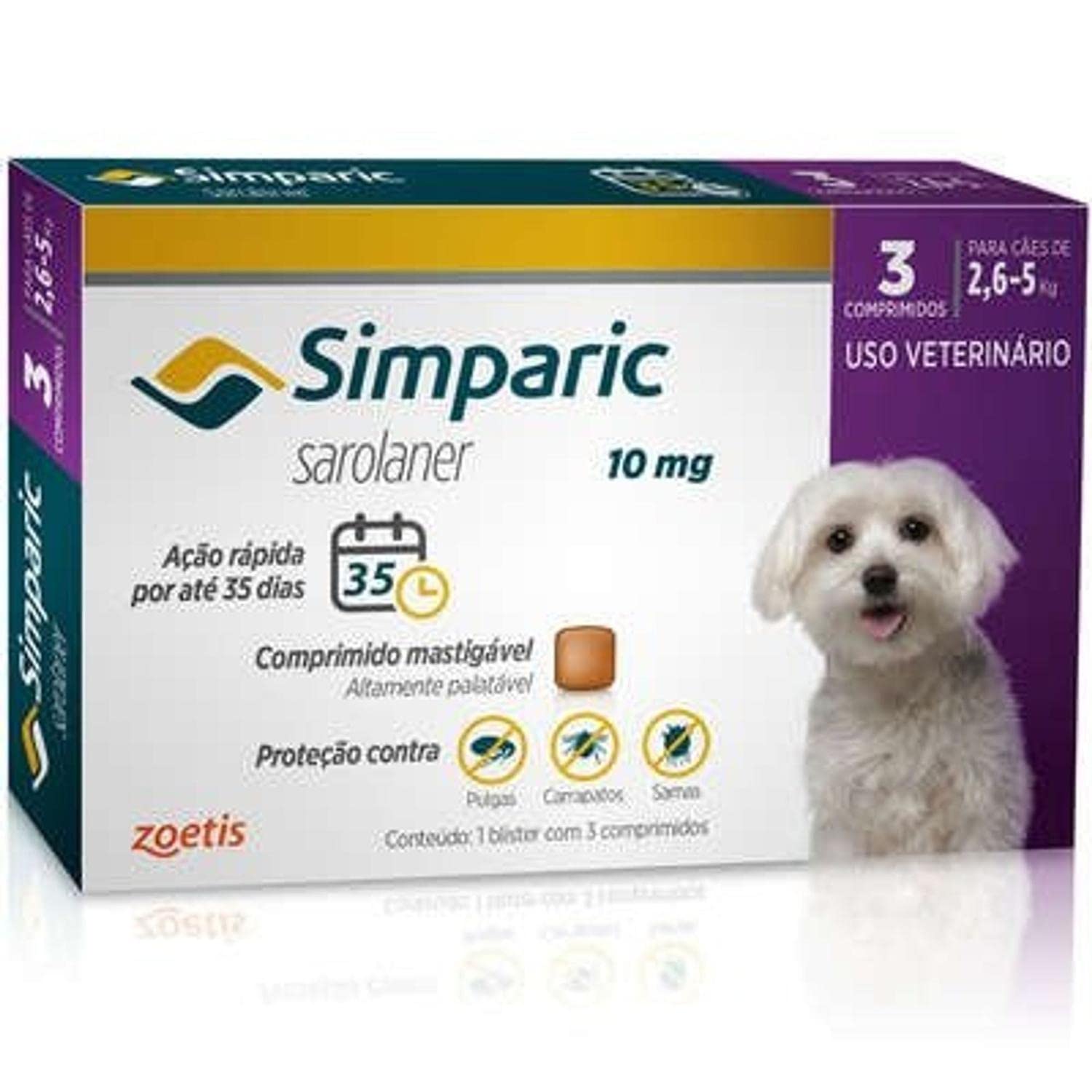 Zoetis Simparic 10Mg Para Cães De 2 6 A 5Kg Com 3 Comprimidos