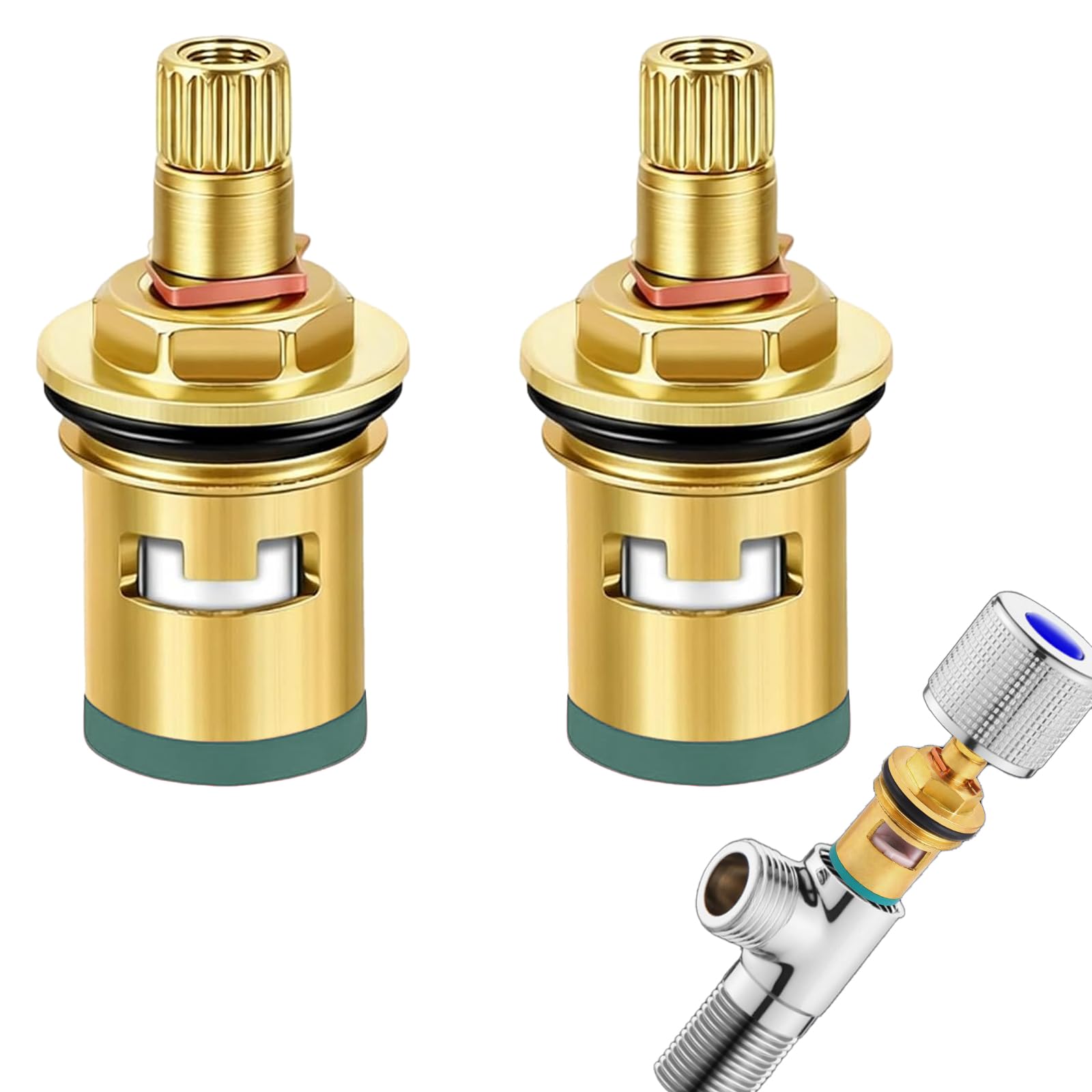 2PCS Mixer Tap Cartridge Replacement Set, 1/4 Turn Brass & Ceramic Disc Valve with Washers, 20-Spline Universal Faucet Repair Kit for Kitchen Bathroom Sink Hot & Cold Water Application