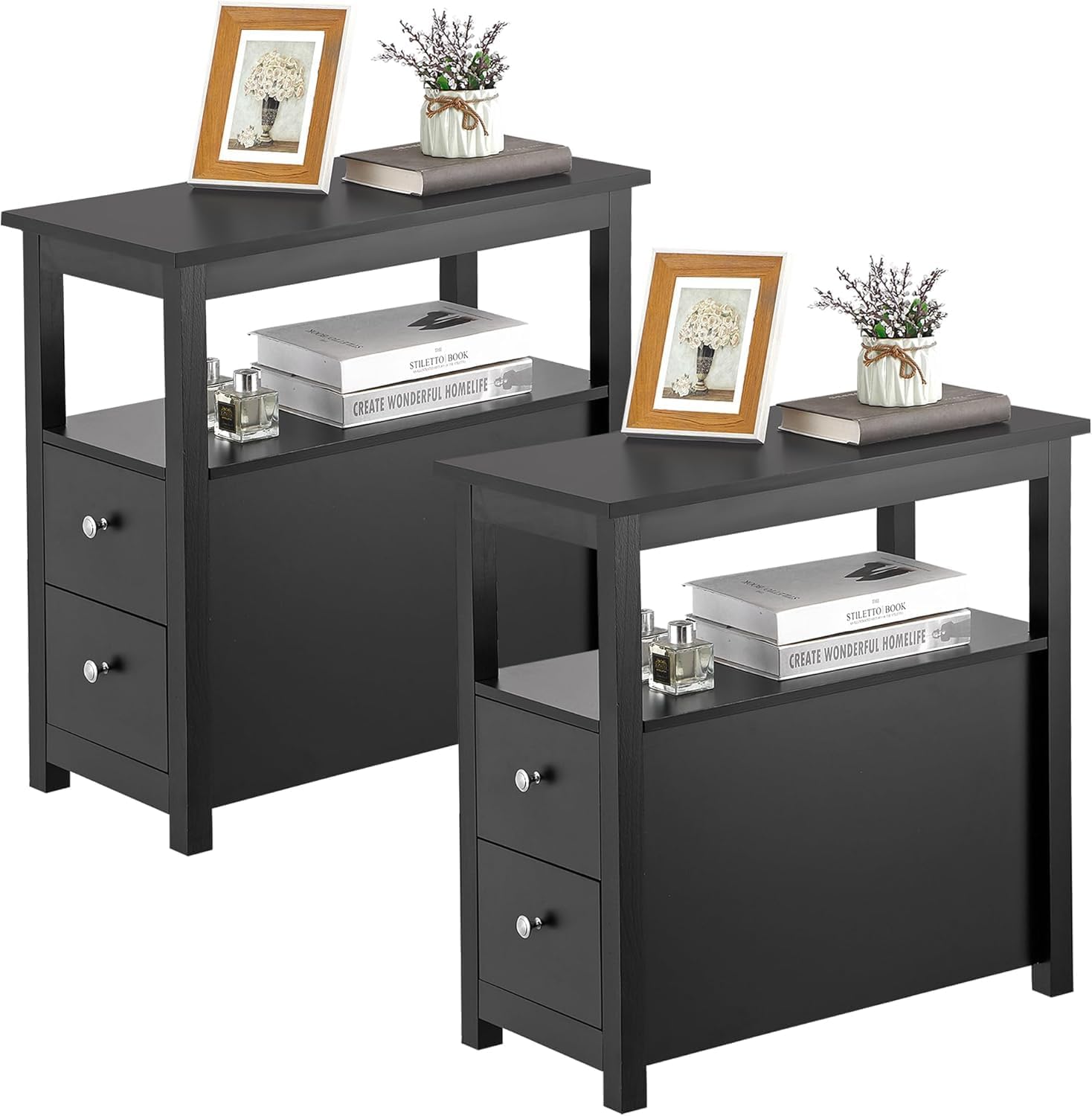 Side Table End Table Narrow Sofa Table Rectangular Side Cabinet with Drawers and Shelf for Living Room, Multi-Functional Table Furniture, Black