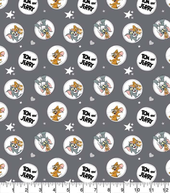 Tom & Jerry Circles Stars Cartoon Characters Cotton Fabric by 0.5M Multiples (100% Cotton, 110 cm Wide, Licensed Fabric Ideal for Crafts, Kid's Sewing, Baby Quilting)