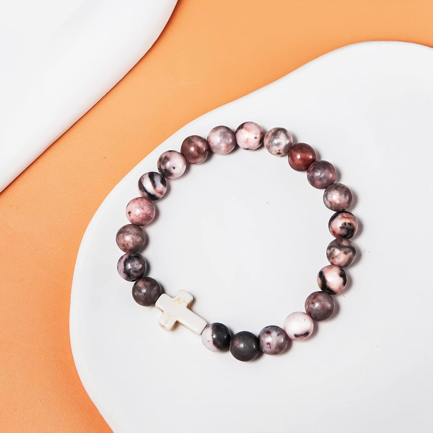 Catholic Cross Beads Stretch Bracelet - Zebra Stone Pink, Religious Jewelry for Women, Godmother, Teen Girls, Mothers Day, Easter, Inspirational Gifts - Image 3