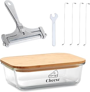 Cheese Container for Refrigerator,Glass cheese slice holder with Wooden Lid&Cheeses Cutter,Lunch Deli Meat Containers for Fridge,BPA-Free Shredded Cream Block Cheeses Storage Box keeper