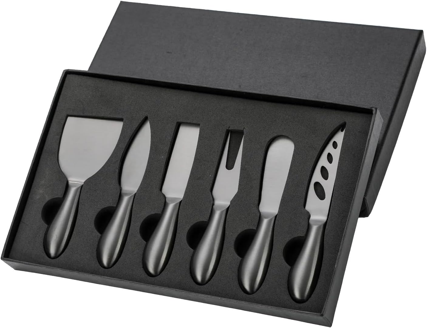 Cheese Knife Set β 6-Piece Stainless Steel Charcuterie Knives with Gift Box β Perfect for Cheese Boards, Cutting & Serving (Black) Cheese Knife Set β 6-Piece Stainless Steel Charcuterie Knives with Gift Box β Perfect for Cheese Boards, Cutting & Serving (Black)