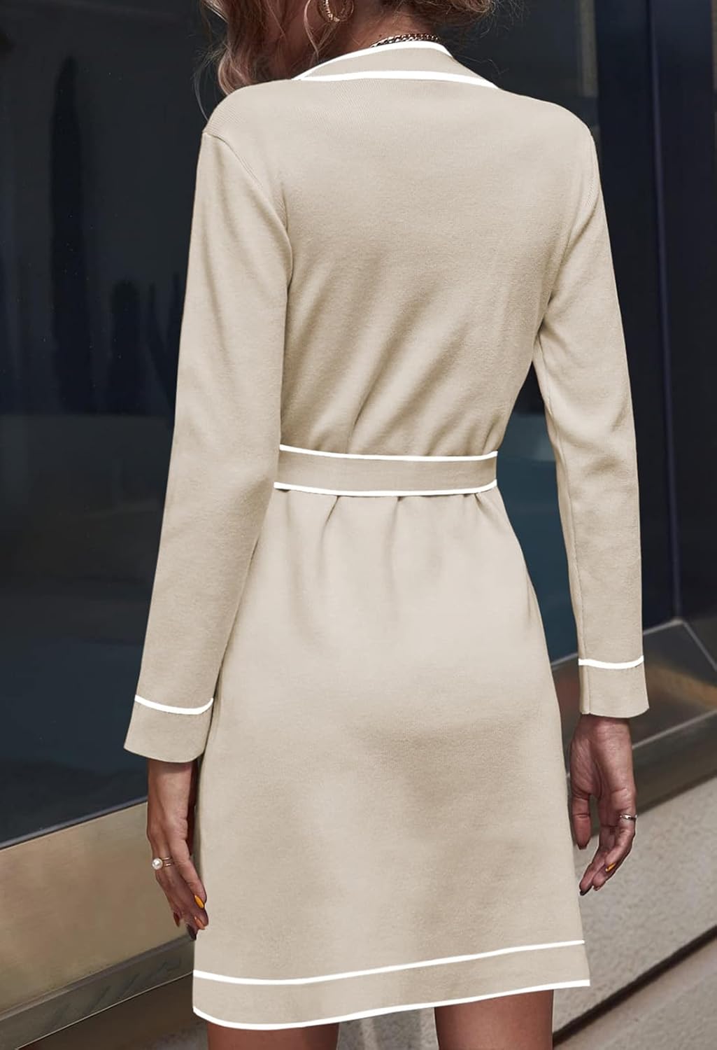 Pink Queen Women's Long Sleeve Button Down Sweater Dress Elegant V Neck Open Front Color Block Knit Cardiagns with Belt - Image 3