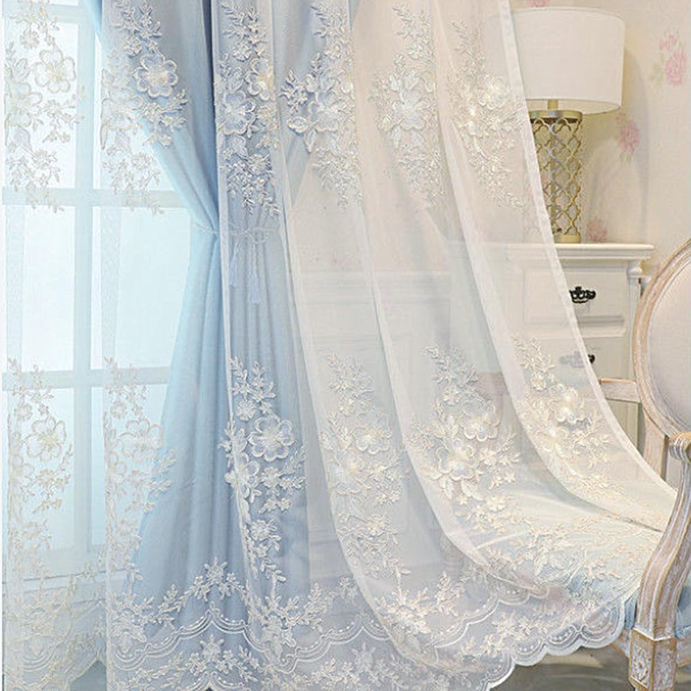 Amidoudou 1 Paar Europäische Doppelschicht Vorhänge Luxus Blume Bestickte Vorhänge Für Wohnzimmer Schlafzimmer (Blau,140 x 245 cm)(BxH)
