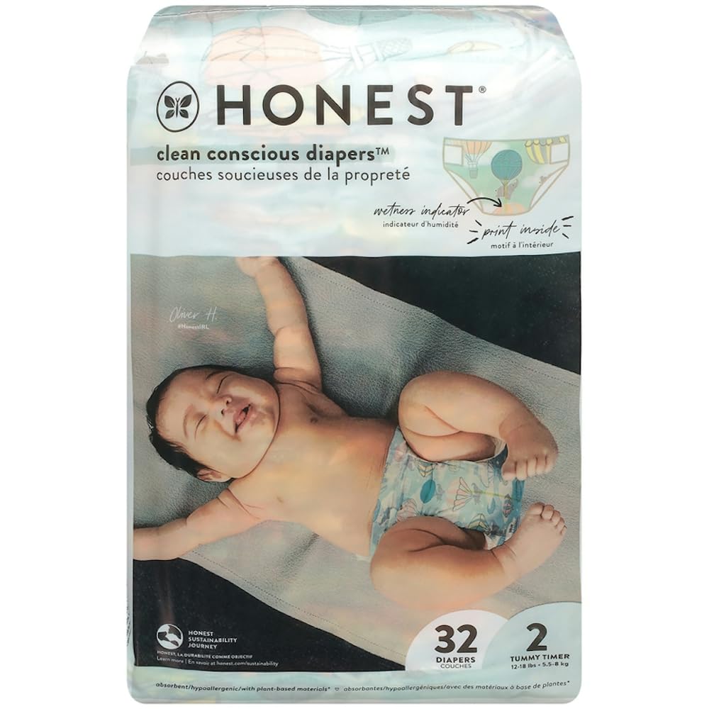 The Honest Company Daytime Diapers, Multi-Colored Giraffes, Size 2, 32 Ct | Baby Diapers, Size 2 (12-18 Lbs), 32 Ct. Hypoallergenic, Fragrance-Free, Up To 100% Leak Protection, Plant-Based. OEKO-TEX STANDARD 100