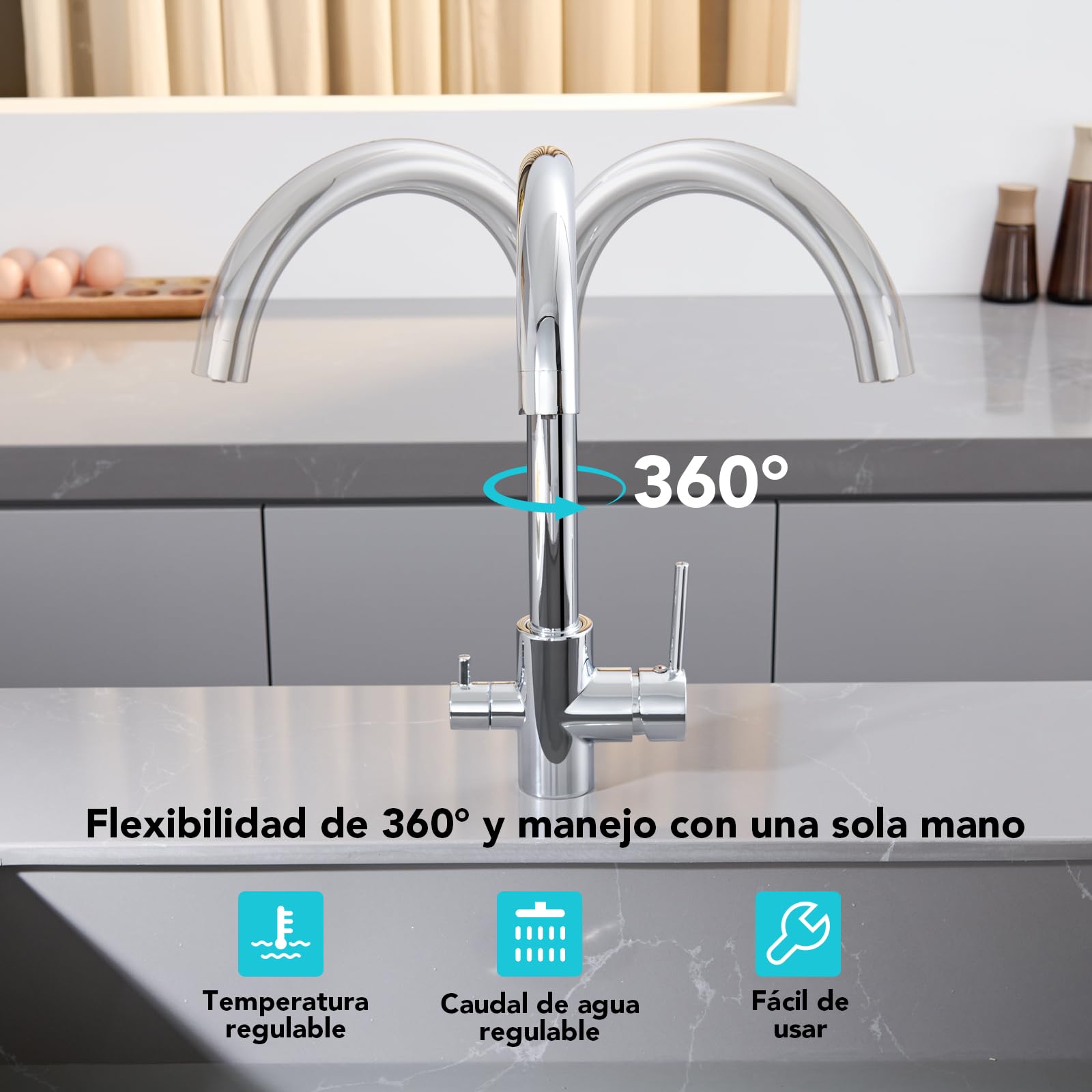 Grifo de Cocina 3 Vías, Grifo Mezclador de Tres Vías para Filtros de Agua