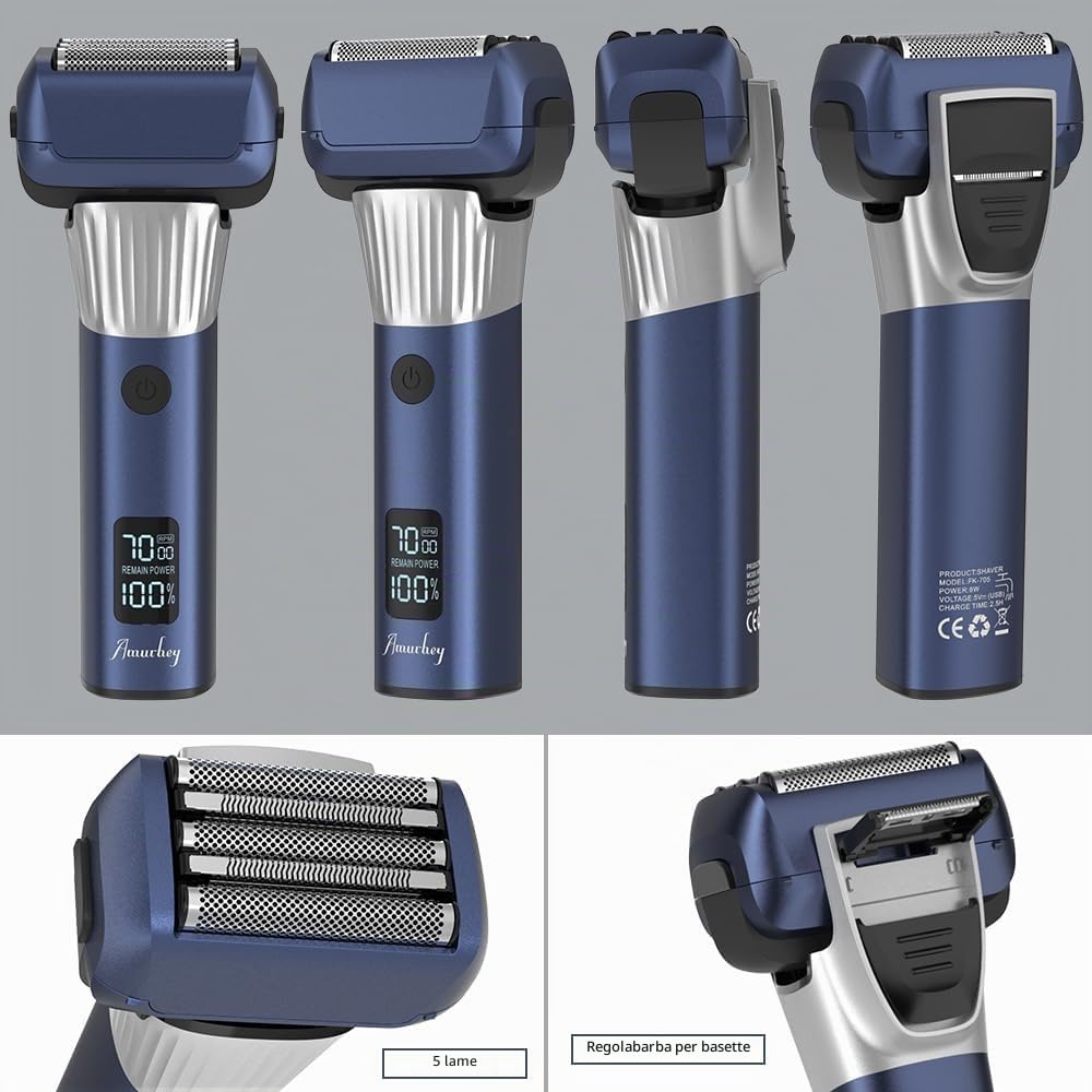 Amurhey Rasoio Elettrico Barba con 5 Lame Pro, Rasoio Elettrico Wet & Dry 100 Minuti Di Autonomia, Rasoio Barba con Trimmer pop-up e Custodia da Viaggio, Ricaricabile, Regalo uomo