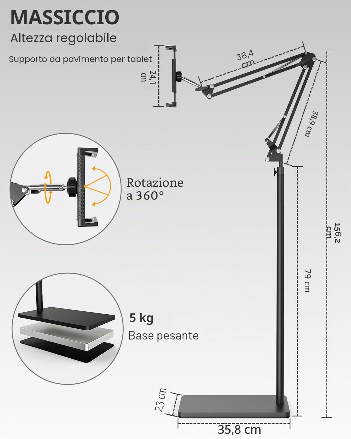 Supporto da pavimento per tablet con base pesante da 5 kg e morsetto da tavolo, regolabile in altezza, compatibile con iPhone, iPad Pro/Air/Mini, Galaxy Tab, Kindle, telefoni cellulari (4,5-13