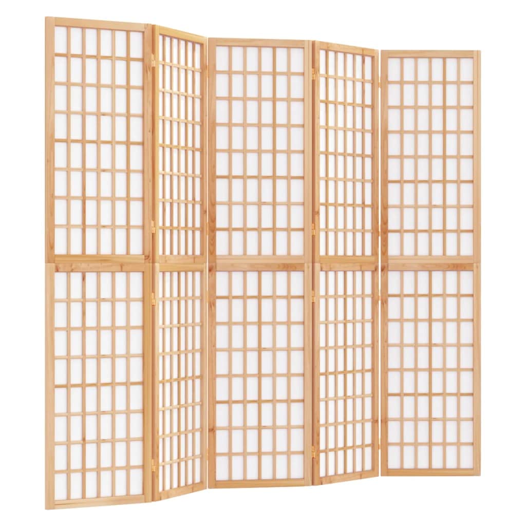 vidaXL Folding 5-Panel Room Divider - Japanese-Style Privacy Screen with Solid Fir Wood & Rice Paper, Brown, 200x170 cm for Living Room/Bedroom