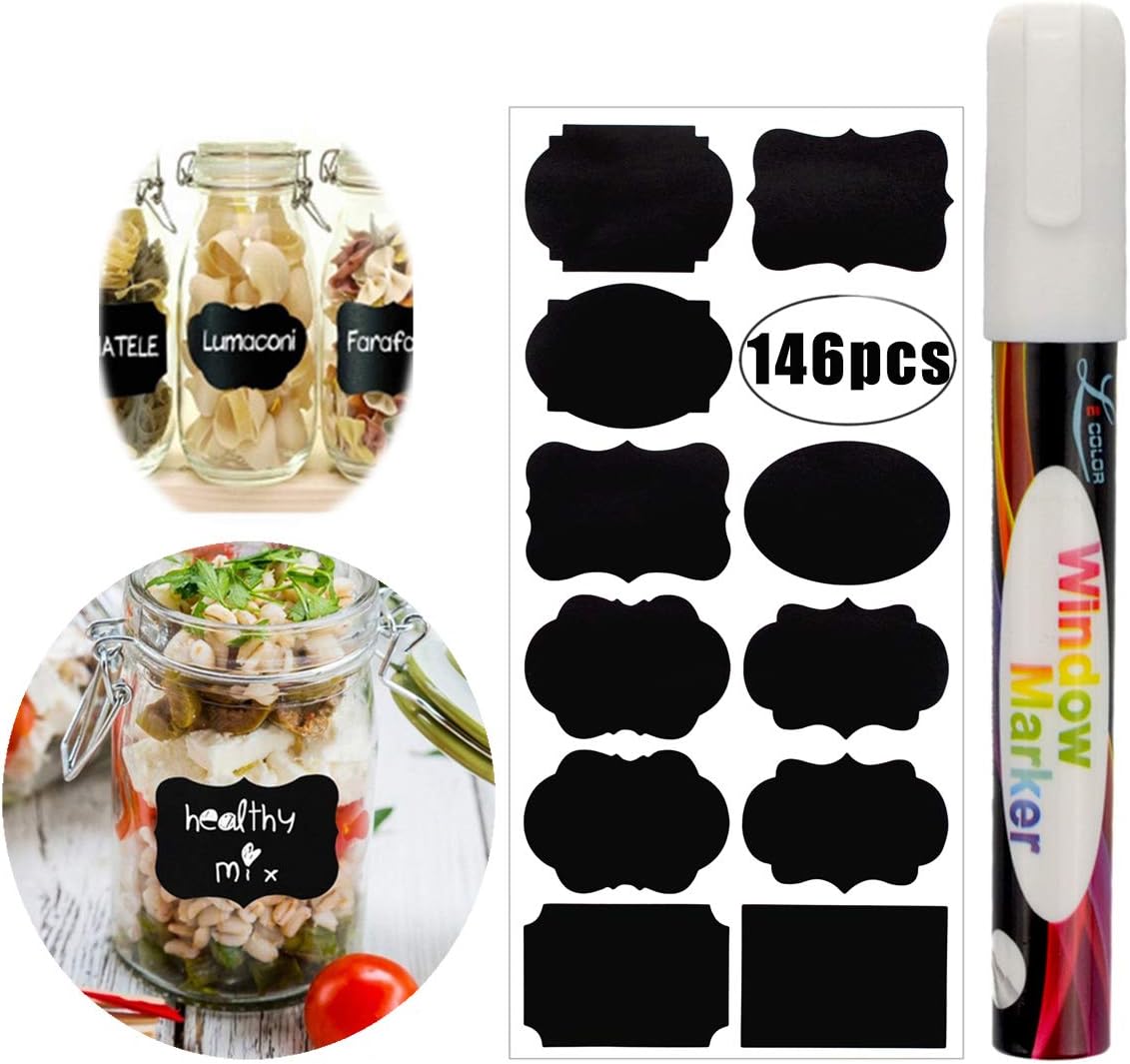 Chalkboard Labels,146pcs Waterproof Reusable Chalkboard Stickers with 1 White Chalk Markers Window Pens Erasable for Labeling Mason Jars, Pantry, Craft Rooms & Closets - Organize Your Home & Office