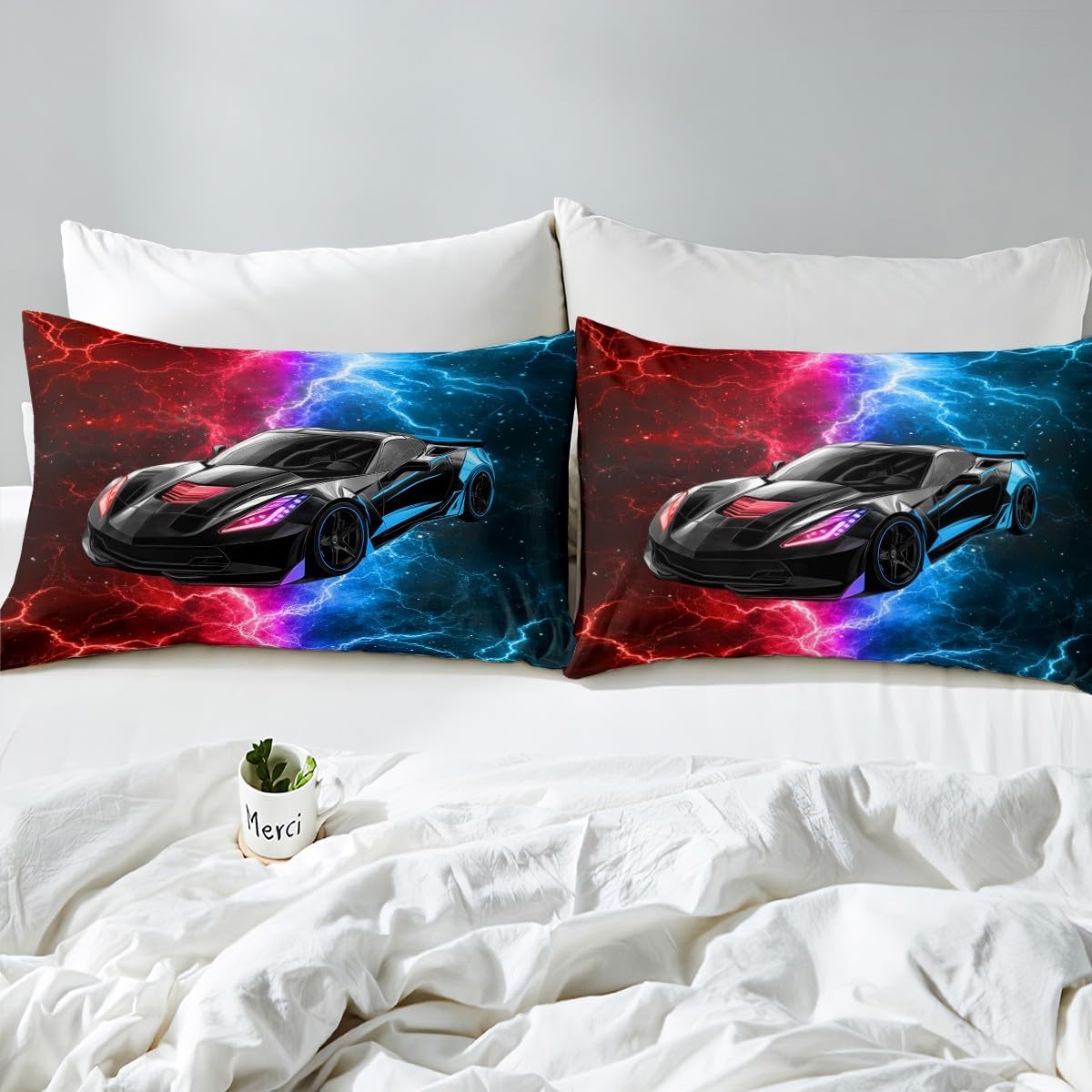 Race Car Fitted Sheet Red and Blue Sports Car Bed Sheets Queen,3D Cool Extreme Sheets for Kids Teen Boys Tie Dye Lightnings Bed Set Abstract Room Decor