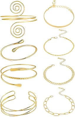 8Pcs Gold Arm Cuff Bangle Cuff Bracelets for Women, Non Tarnish 14K Gold Plated Upper Arm Bangle Band Armlet Adjustable Bracelet Stack Jewelry Set for Women Trendy