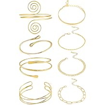 8Pcs Gold Arm Cuff Bangle Cuff Bracelets for Women, Non Tarnish 14K Gold Plated Upper Arm Bangle Band Armlet Adjustable Bracelet Stack Jewelry Set for Women Trendy