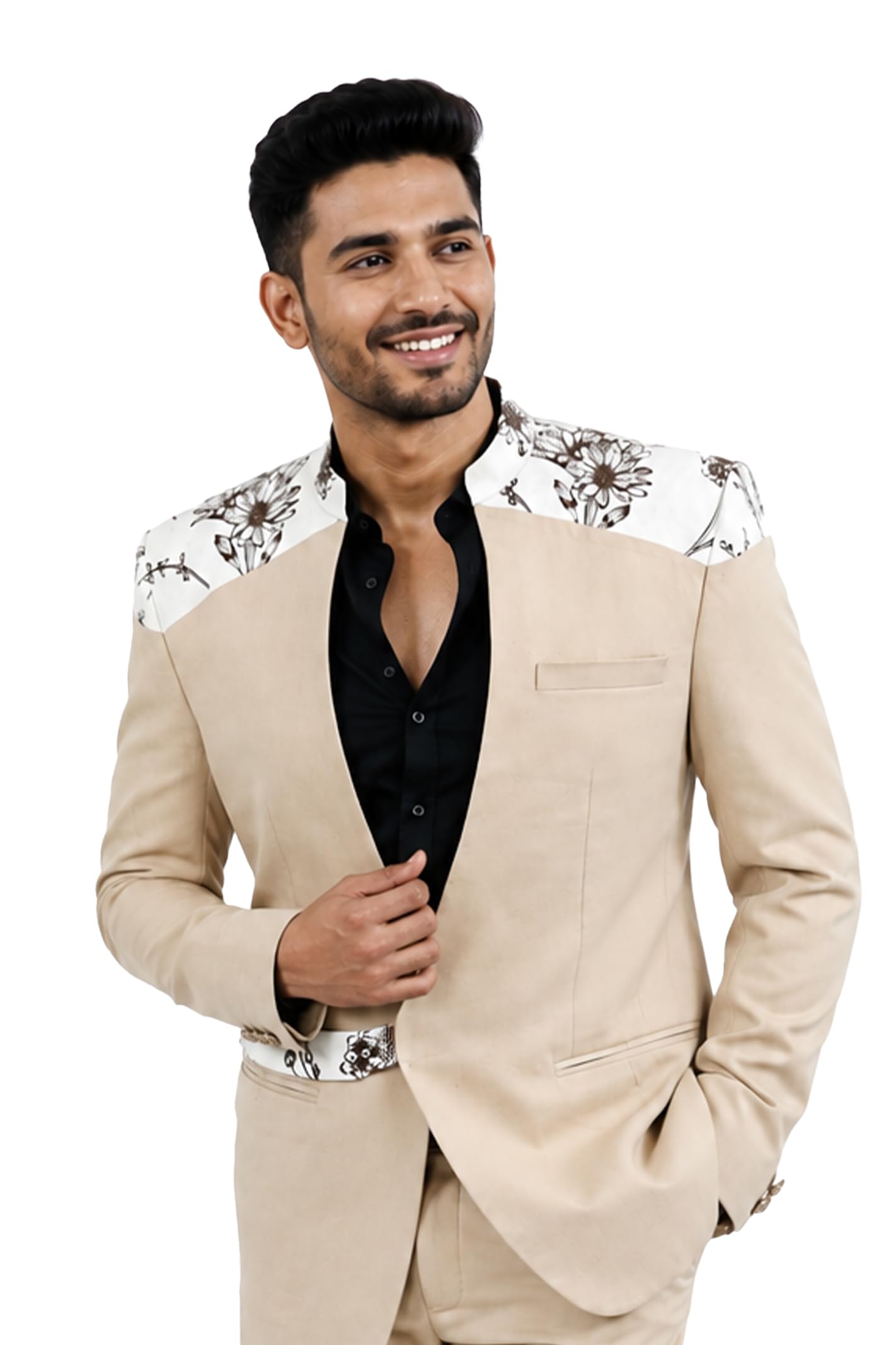 Men's Beige Slim Fit 2-Piece Suit with Floral Shoulder Panel-picture-21