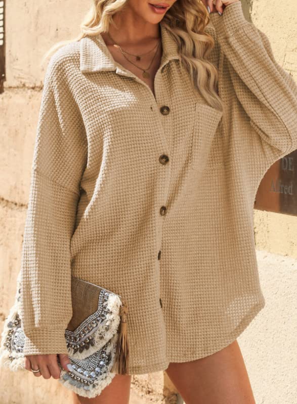 Image of Dokotoo Womens Waffle Knit Shacket Jacket Casual Button Down Shirts Tops