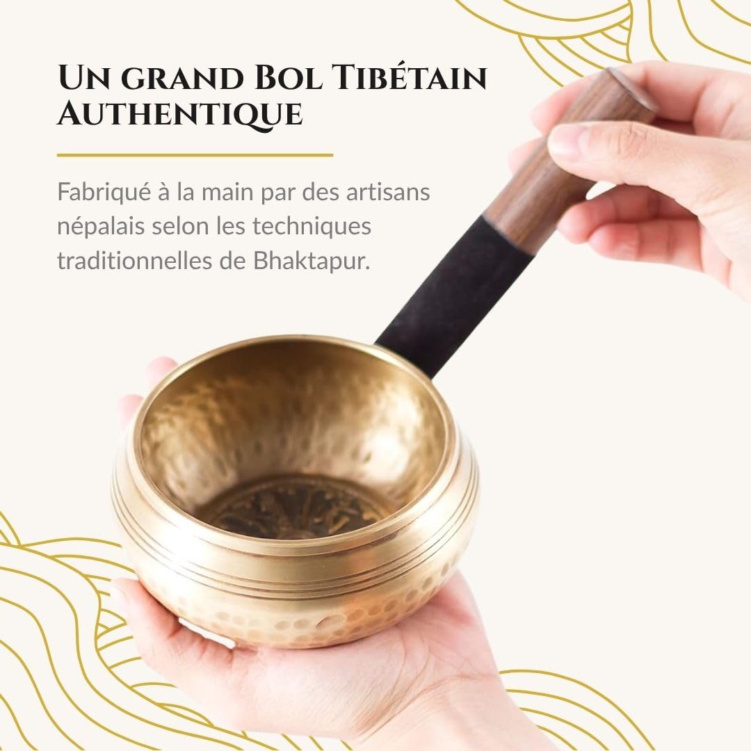 • Bol Tibétain Chantant Méditation Fait à la main à Bhaktapur (Népal) - 450gr ⌀11,5cm - Coffret Zen - Papier népalais - Coussin Bol Chantant (Métaux Anciens Chakra) - Maillet Bois