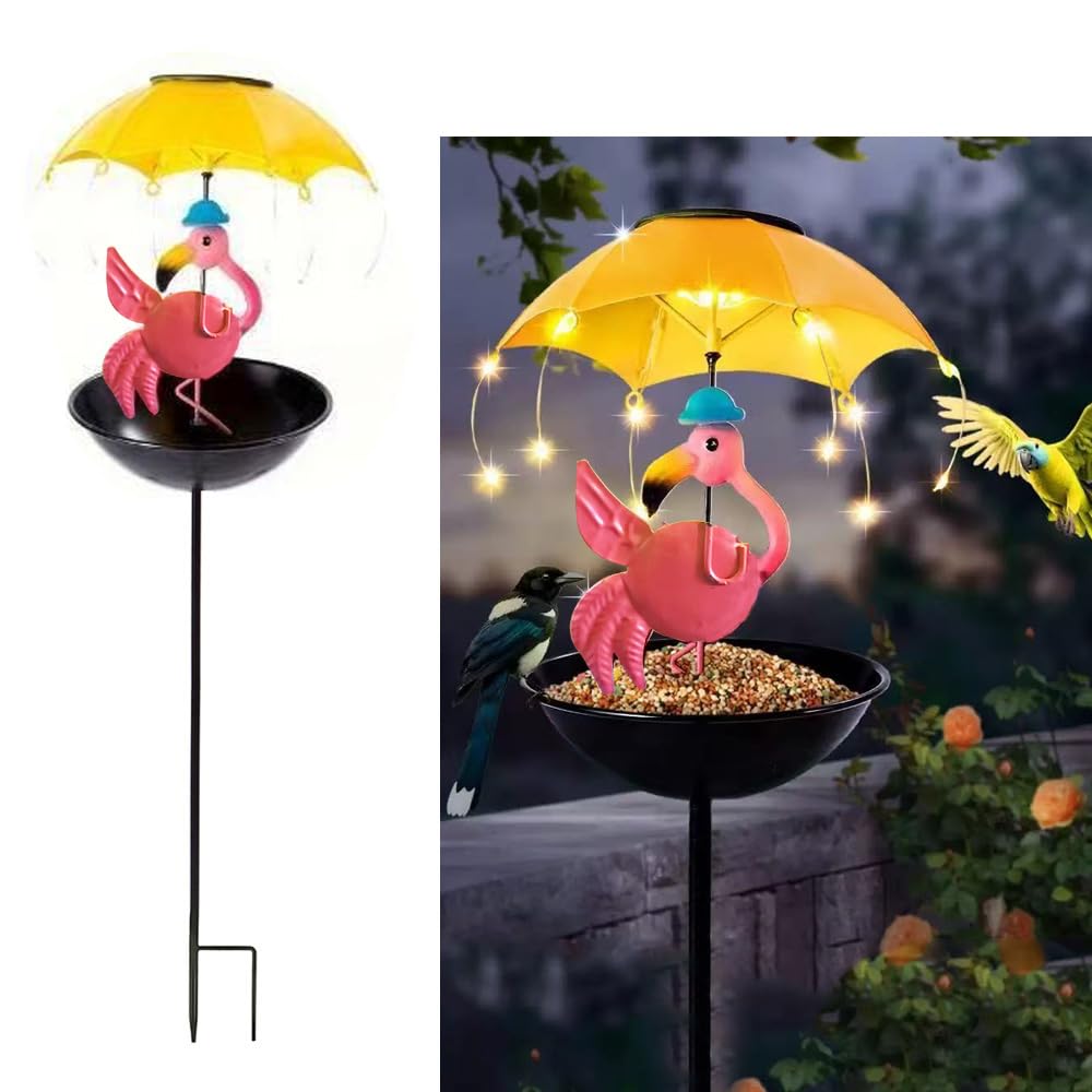 YZYOE Solar Powered Flamingo Holding an Umbrella Feeding Light, Garden Decoration Iron Cute Flamingo Holding an Umbrella Floor lamp, Wireless Dusk to Dawn LED Light Waterproof.