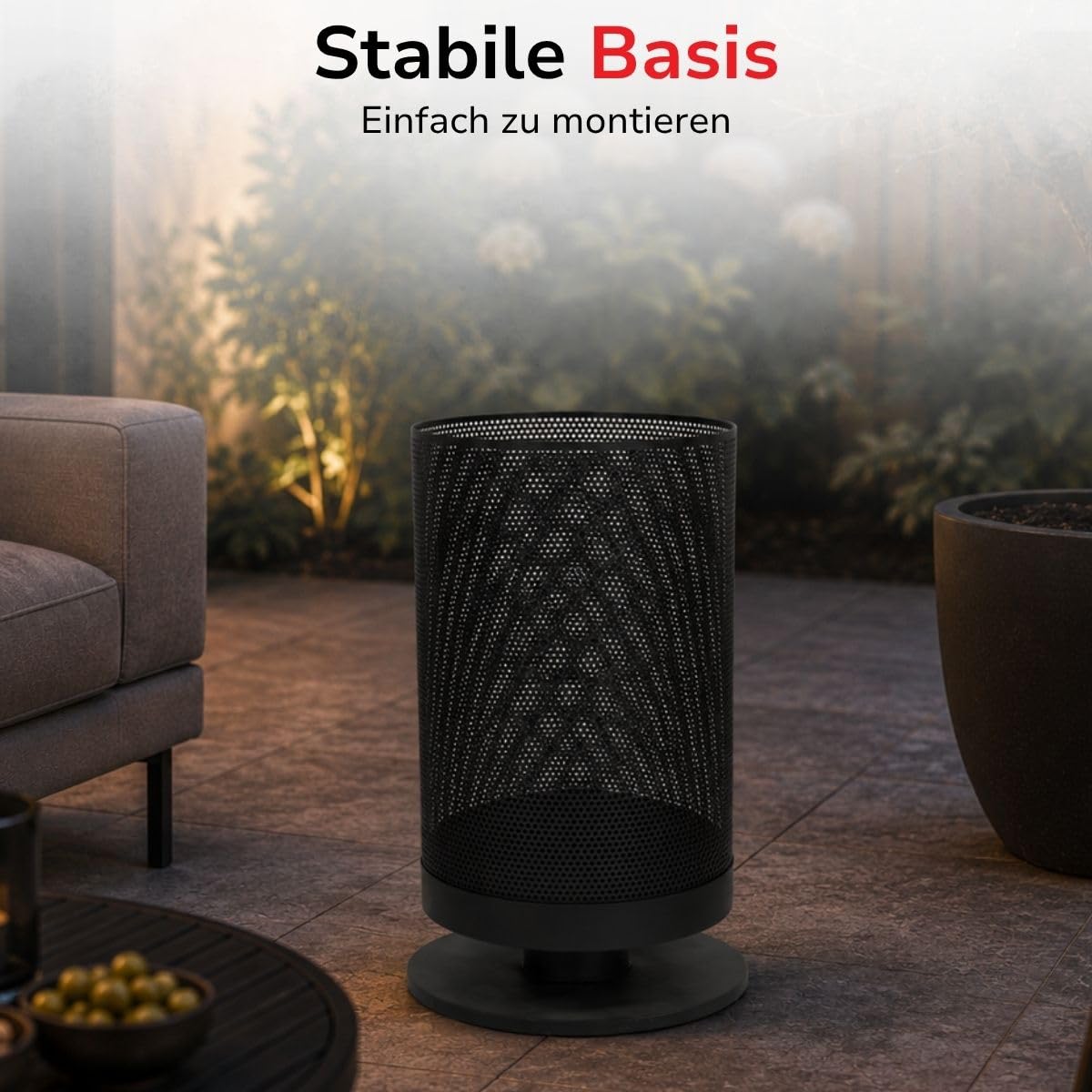 BBQ Collection Feuertonne mit Funkenschutz - Feuerkorb 44,5 x 72,5 cm - Terassenofen mit Schürhaken - Feuerstelle Outdoor für Garten und Terrasse - Terrassenfeuer - Karbonstahl