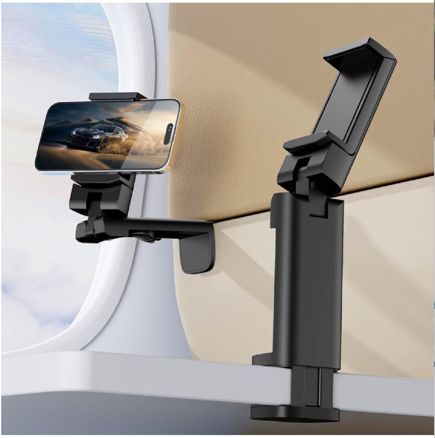 Airplane Phone Holder, Dual 360° Rotation Plane Phone Holder Travel Essentials for Long Flight, Desk, Tray, Compact Cell Phone Mount w/ Durable