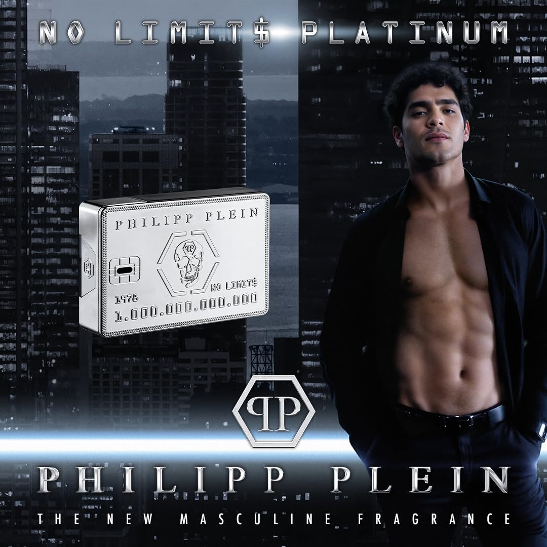 Philipp Plein No Limits Platinum 90 ml, Eau de Parfum Homme | Fragrance Aromatique Fougère, Notes Aromatiques, Flacon en Verre Laqué Platinum en Forme de Carte de Crédit