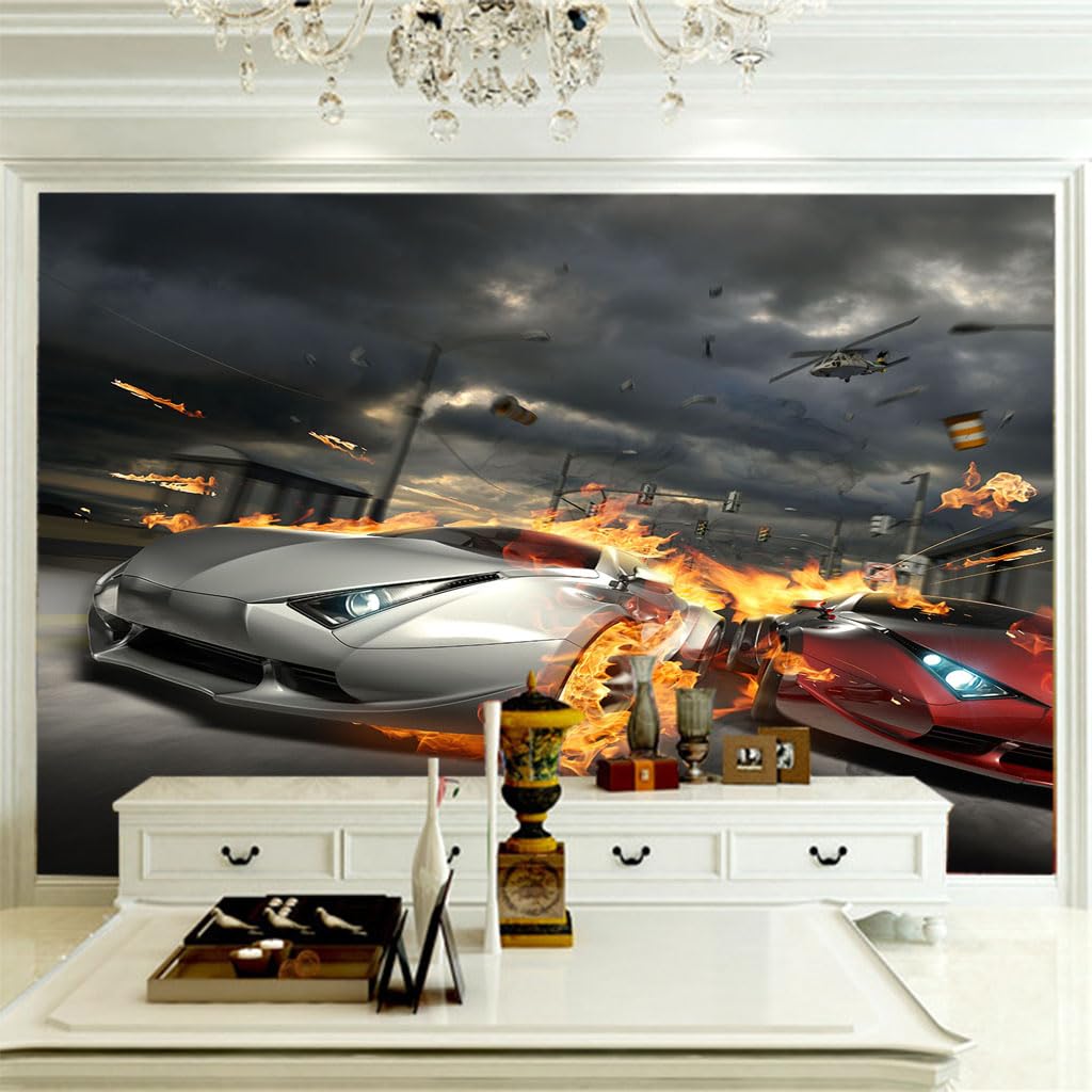 Mural panorámico no tejido 3D de guerra y explosión de coche 150x105cm para pared