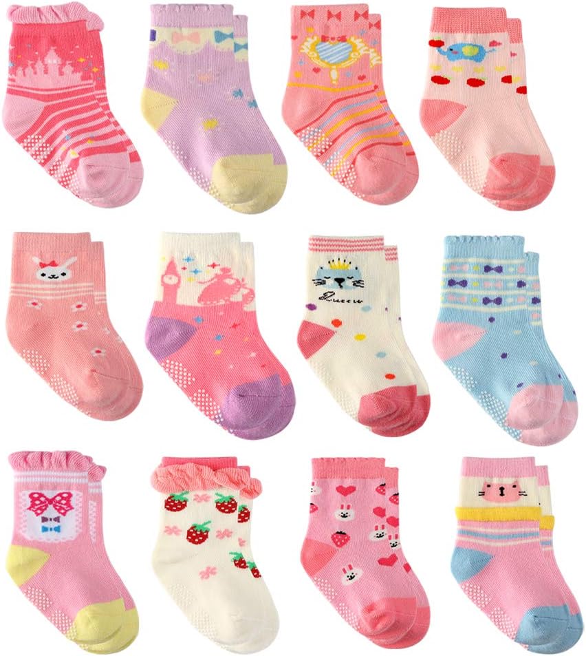12 Pairs Infant Newborn Cotton Socks, Baby Girls Toddler Girl Non Skid Socks with Grips Little Girl Slipper Socks (12 Pairs Princess, 1-3 Years)