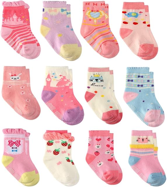 12 Pairs Infant Newborn Cotton Socks, Baby Girls Toddler Girl Non Skid Socks with Grips Little Girl Slipper Socks (12 Pairs Princess, 0-9 Months)