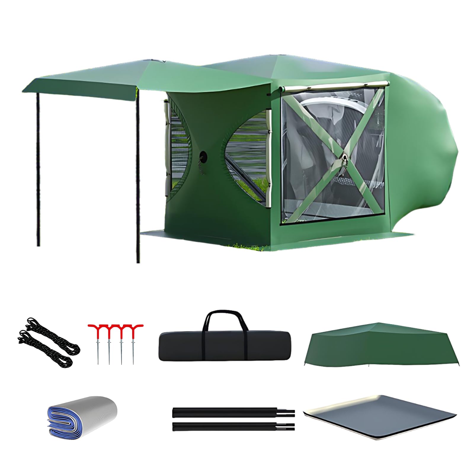 UPLTOE Panoramic SUV Tailgate Tent, 3-4 Person, Pop-Up Instant Setup, Large TPU Windows, Silver-Coated Oxford, with Portable Carry Bag, Rain Cover, Stakes, Guy Lines, Carry Bag Green-C