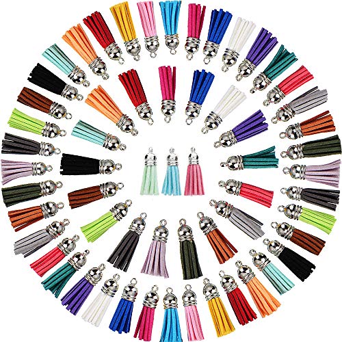 Colgantes de Borlas de Cuero Borlas de Ante Sintético con Gorras Multicolor Borlas de Ante para clave cadena móvil correas DIY accesorios, Surtido de Colores 100 Pack