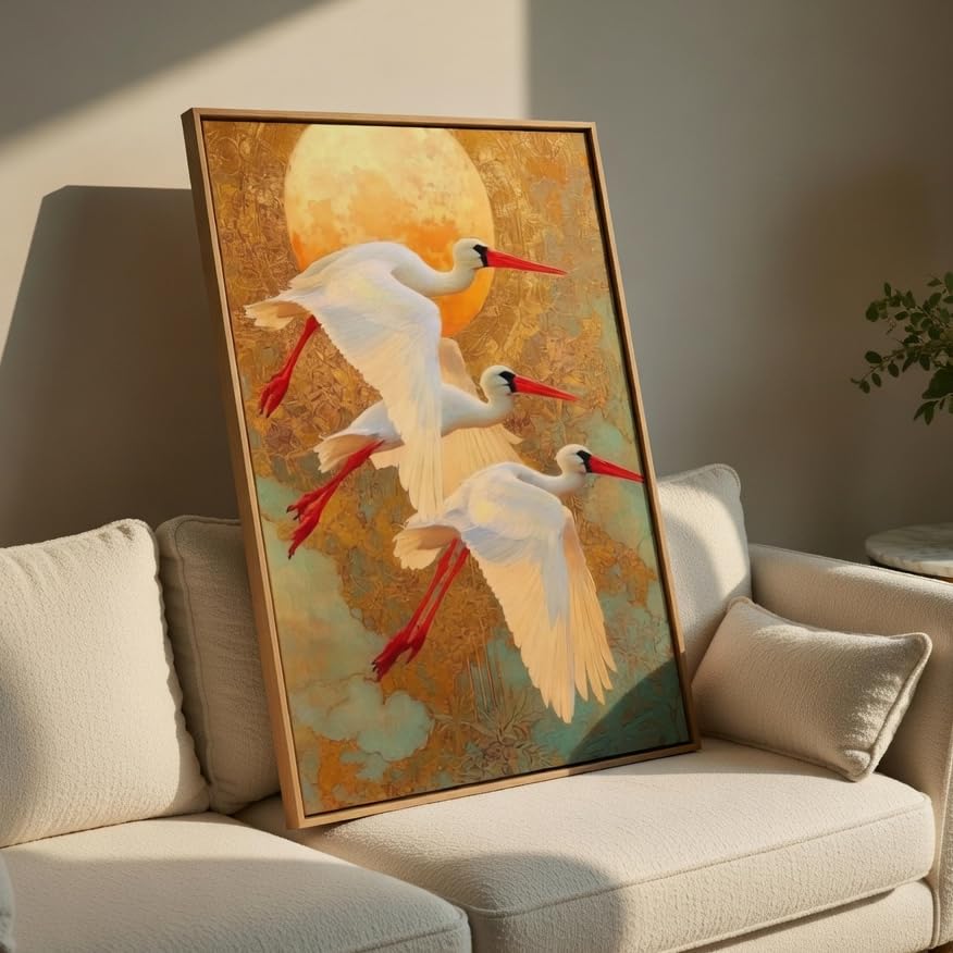 Image of Livin'luxe Flying Crane Bird Wall Painting with Wooden Frame | Elegant Bird Artwork HD UV Laminated MDF Wall Decor | Nature Inspired Wall Art for Living Room Bedroom Home Decor