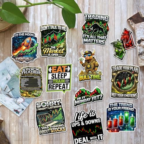 12 Pcs Trading Stickers, Funny Stock Market Quotes Bull Bear Chart Decals, Stickers Die-Cut...