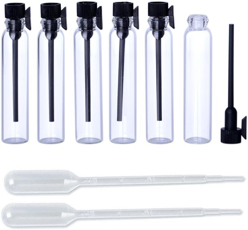 Enslz100PCS Perfume Samples Mini Bottles With Black Lid Empty Glass Vials Dropper Bottle for Travel and Party (2ml), Clear, 2ml