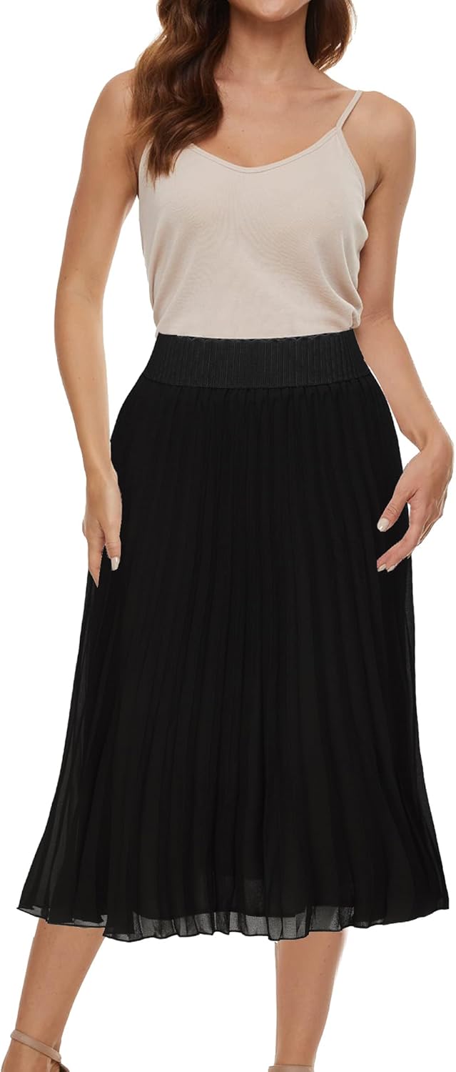 TEERFU Womens Chiffon High Waist Skirt Pleated A-Line Swing Elastic Shirring Midi Length - Image 2