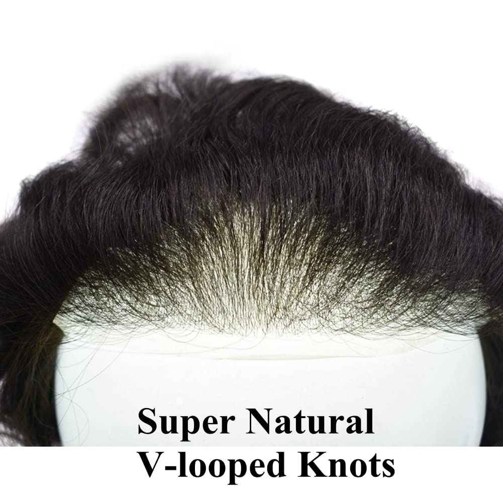 Mens Toupee with Human Hair 0.06-0.08mm Natural Thin Skin Base Size 8x10 inch Human Hair Pieces Replacement System for Men (8X10" WXL-100%Light Med-Light Density, 1B#-Natural Black)