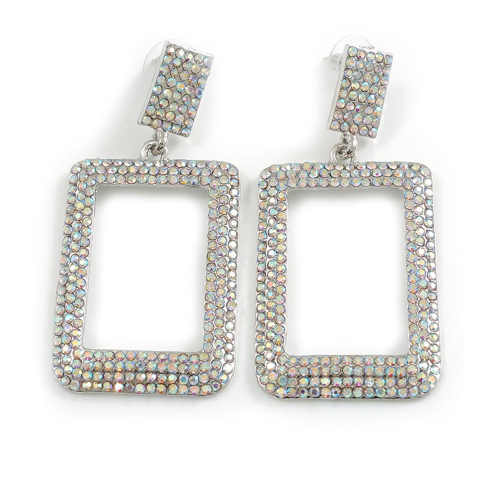 Mesmerizing AB Crystal Rectangular Drop Earrings In Silver Tone Metal - 65mm L