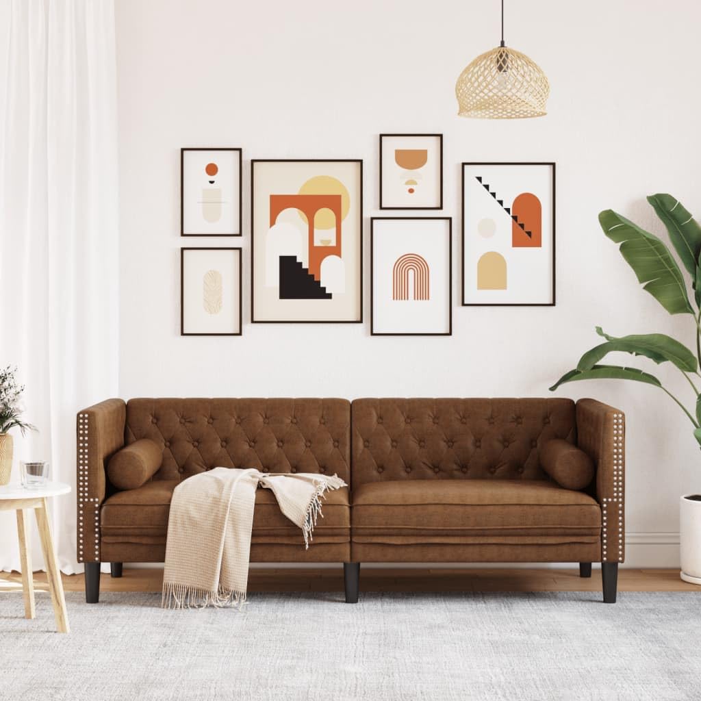 Quoril Canapé Chesterfield 3 places marron en cuir synthétique aspect daim avec fonction couchage et espace de rangement, gain de place, confortable, salon, chambre d'amis, ottoman, chaise longue