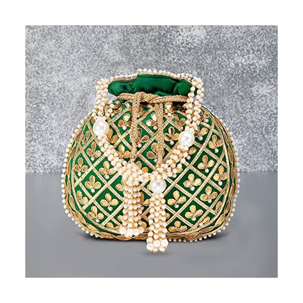 Peora Embroidered Potli Bag for Women Handmade Ethnic Purse Evening Handbags Stylish Bridal Fashion Clutch Bag Gift for Girls (P09GRN) - Image 7